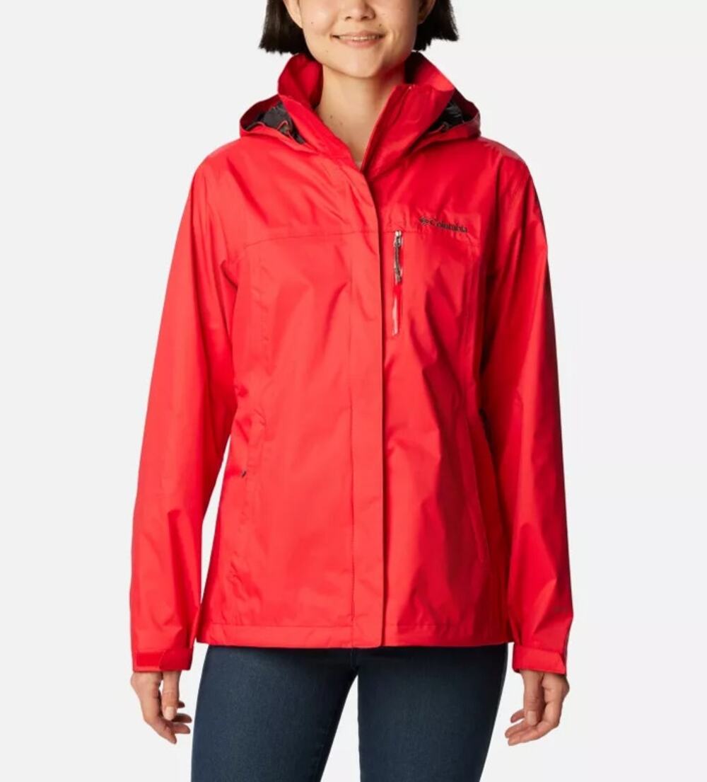 COLUMBIA Women's Pouration™ Waterproof Rain Jacket XS Red Lily Hooded NWOT